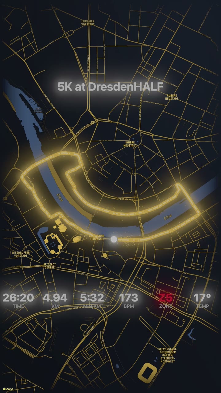 A reel of the same 5 km race: a gold route glowing over a gold-lined map of Dresden, with the words 5K at DresdenHALF and the figures along the bottom.