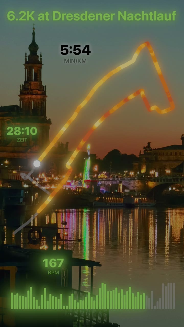A reel of a 6.2 km night race in Dresden: the route draws itself over the lit riverbank, with pace, time, heart rate and a heart-rate chart.