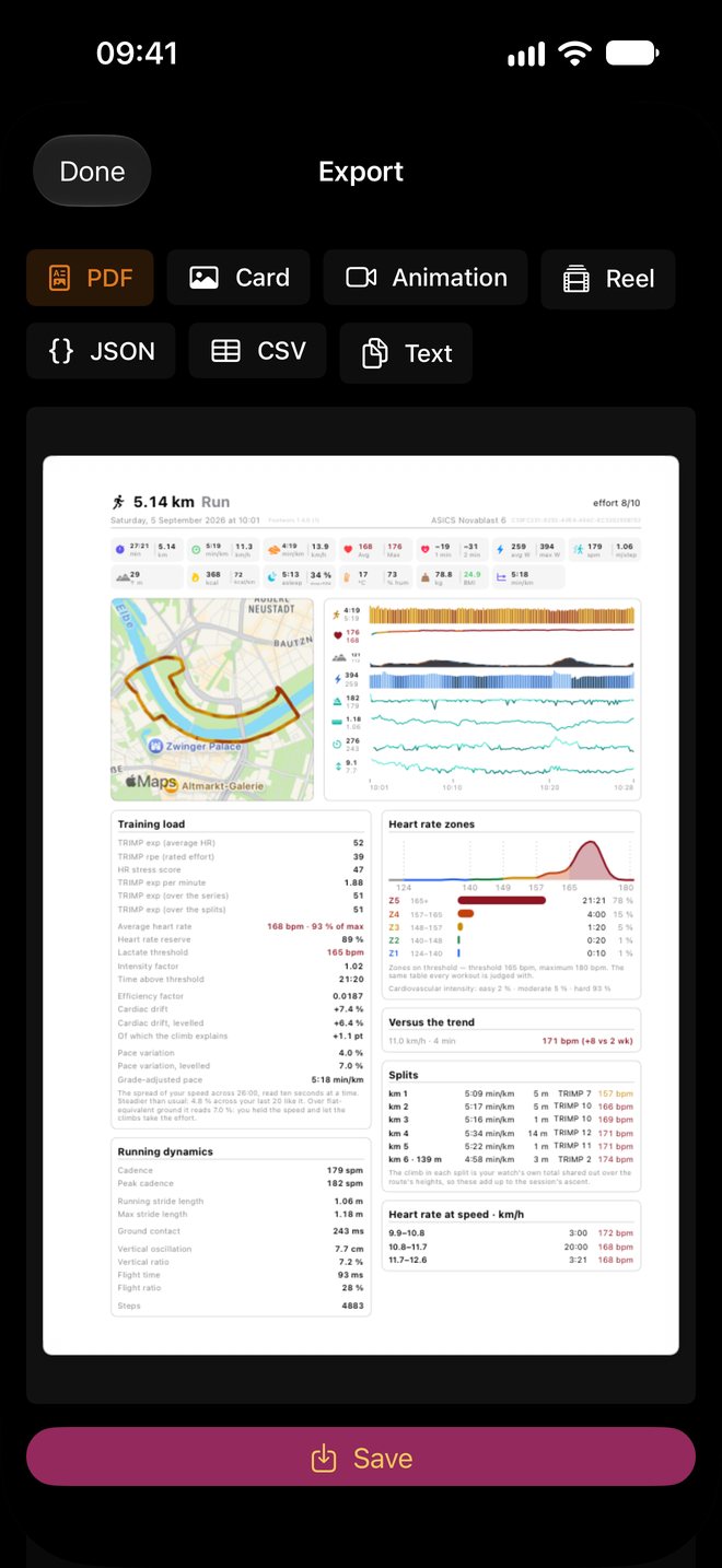 The Footworx export dialogue with the PDF chosen: a one-page report of a 5.14 km run with route, charts and tables, and a Save button.