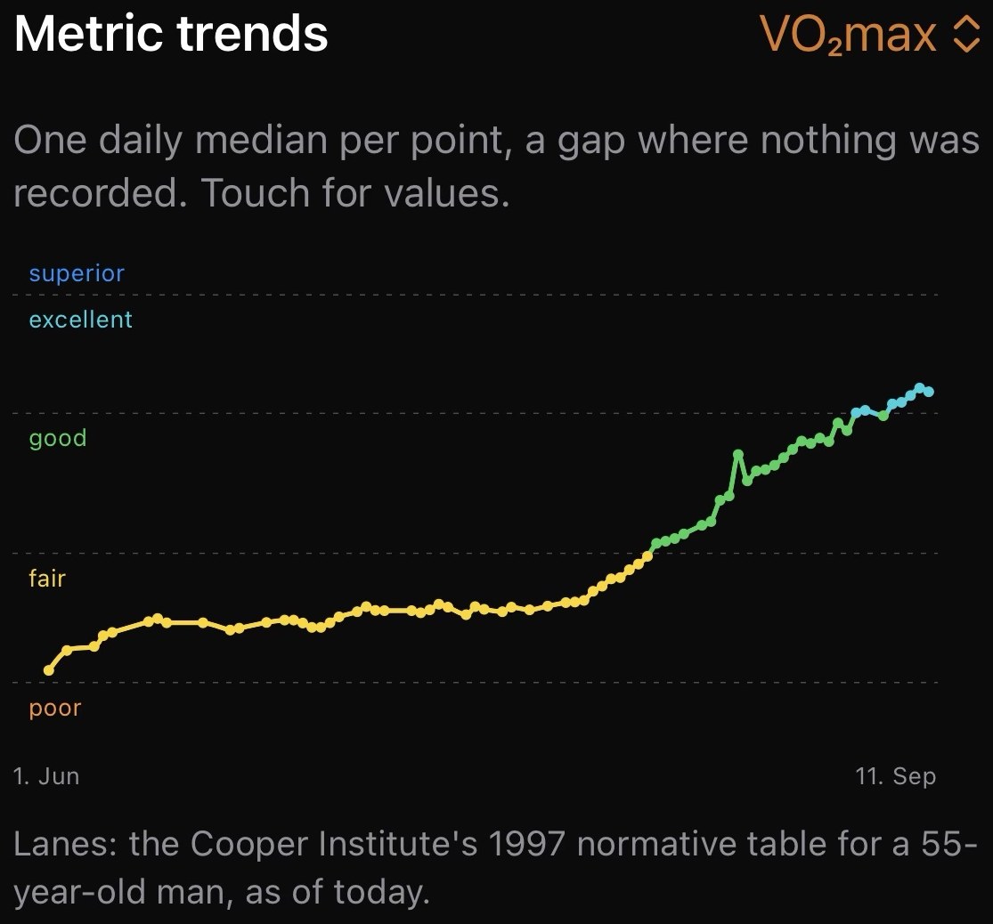 A VO₂max trend from June to September, one point a day, rising from the fair lane through good into excellent.